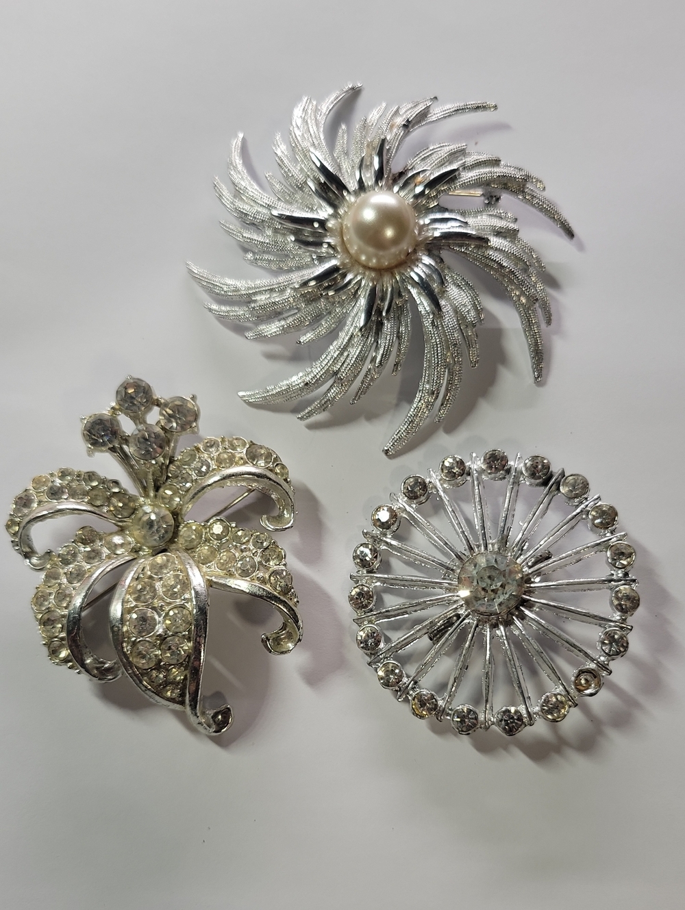 Silver Tone Crystal Floral Pin Brooches with Pearl Accent - Set of 3